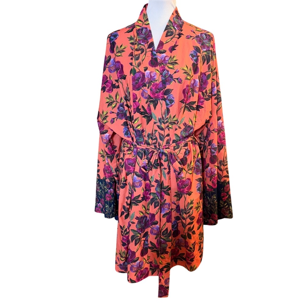 Cacique Floral Robe Women 26/28 Coral Pink Purple Long Sleeve Wrap Loungewear